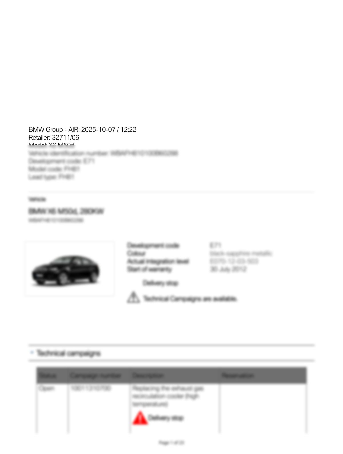 Service History Report VIN WBAFH810100B60288