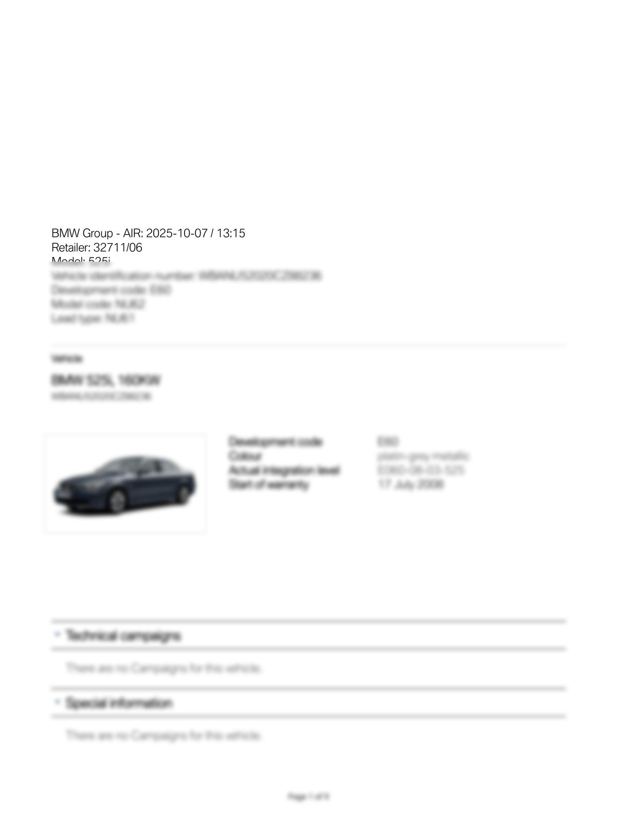 Service History Report VIN WBANU52020CZ88236