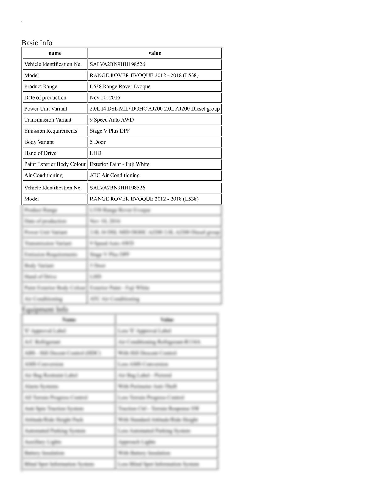 Build Sheet VIN SALVA2BN9HH198526