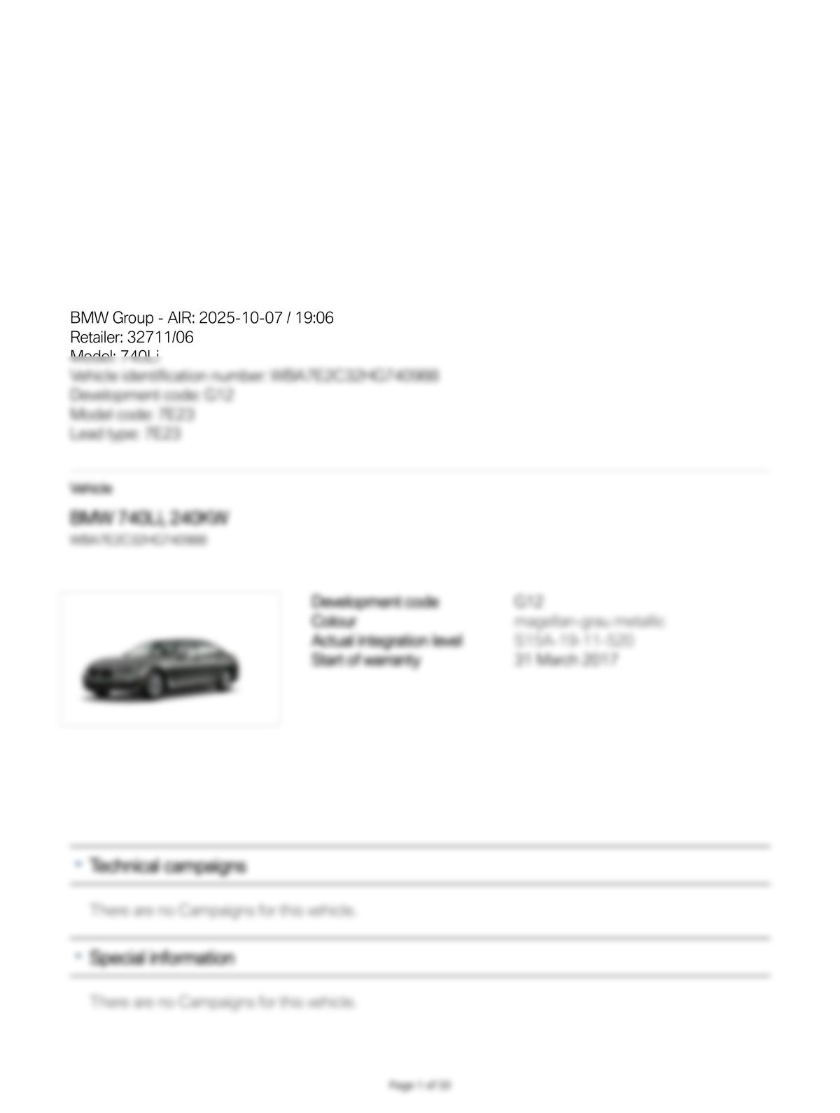 Service History Report VIN WBA7E2C32HG740988