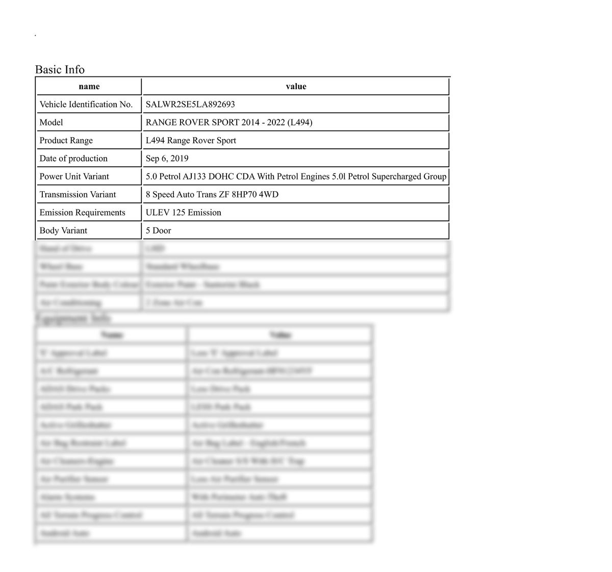 Build Sheet VIN SALWR2SE5LA892693