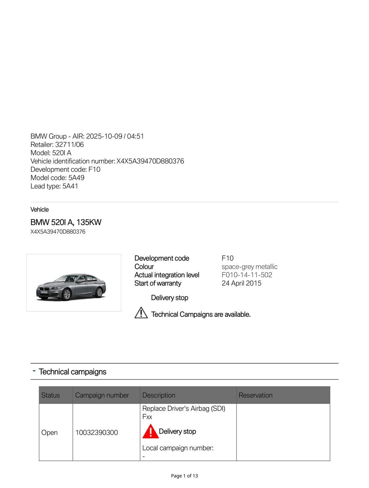 Service History Report VIN X4X5A39470D880376