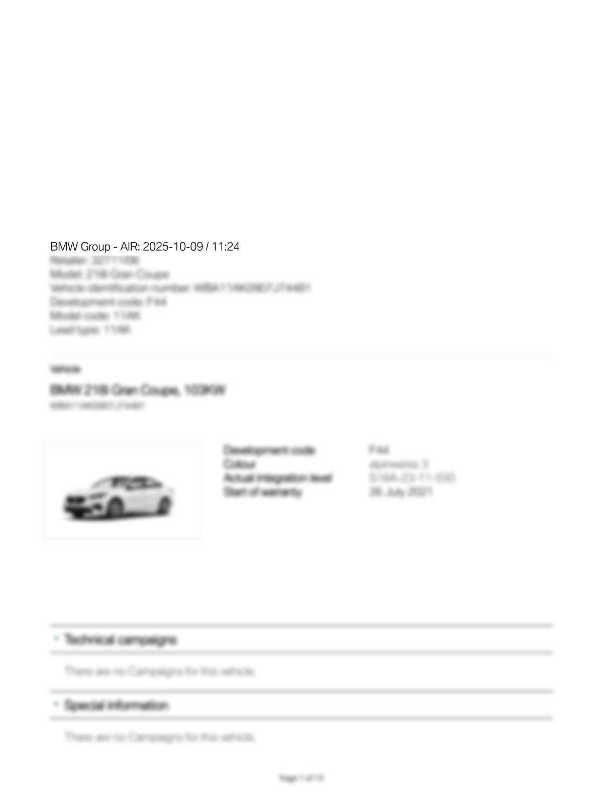 Service History Report VIN WBA11AK0907J74481