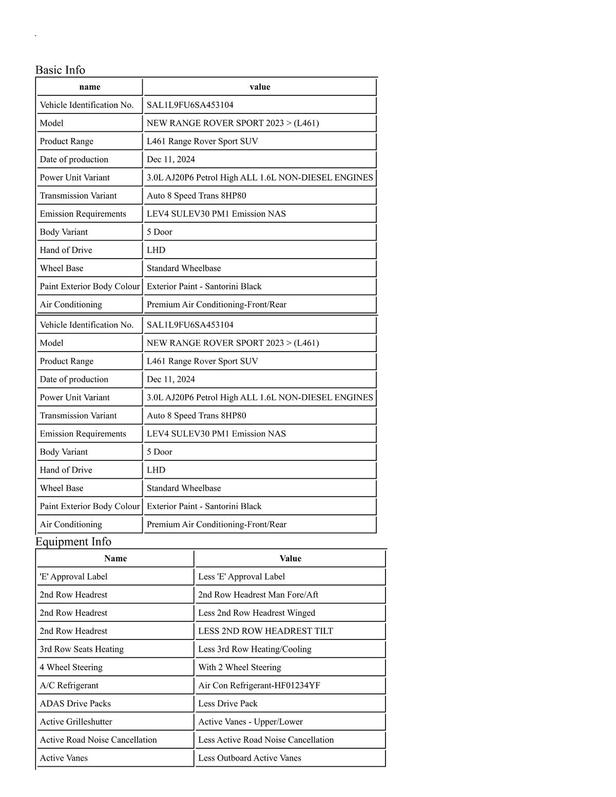 Build Sheet VIN SAL1L9FU6SA453104