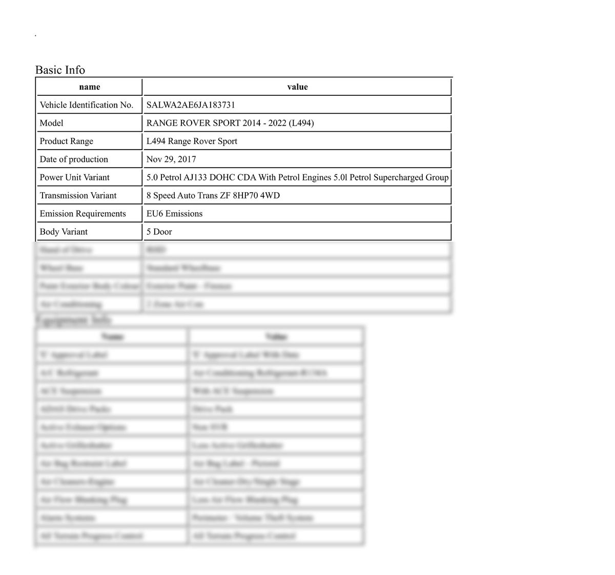 Build Sheet VIN SALWA2AE6JA183731