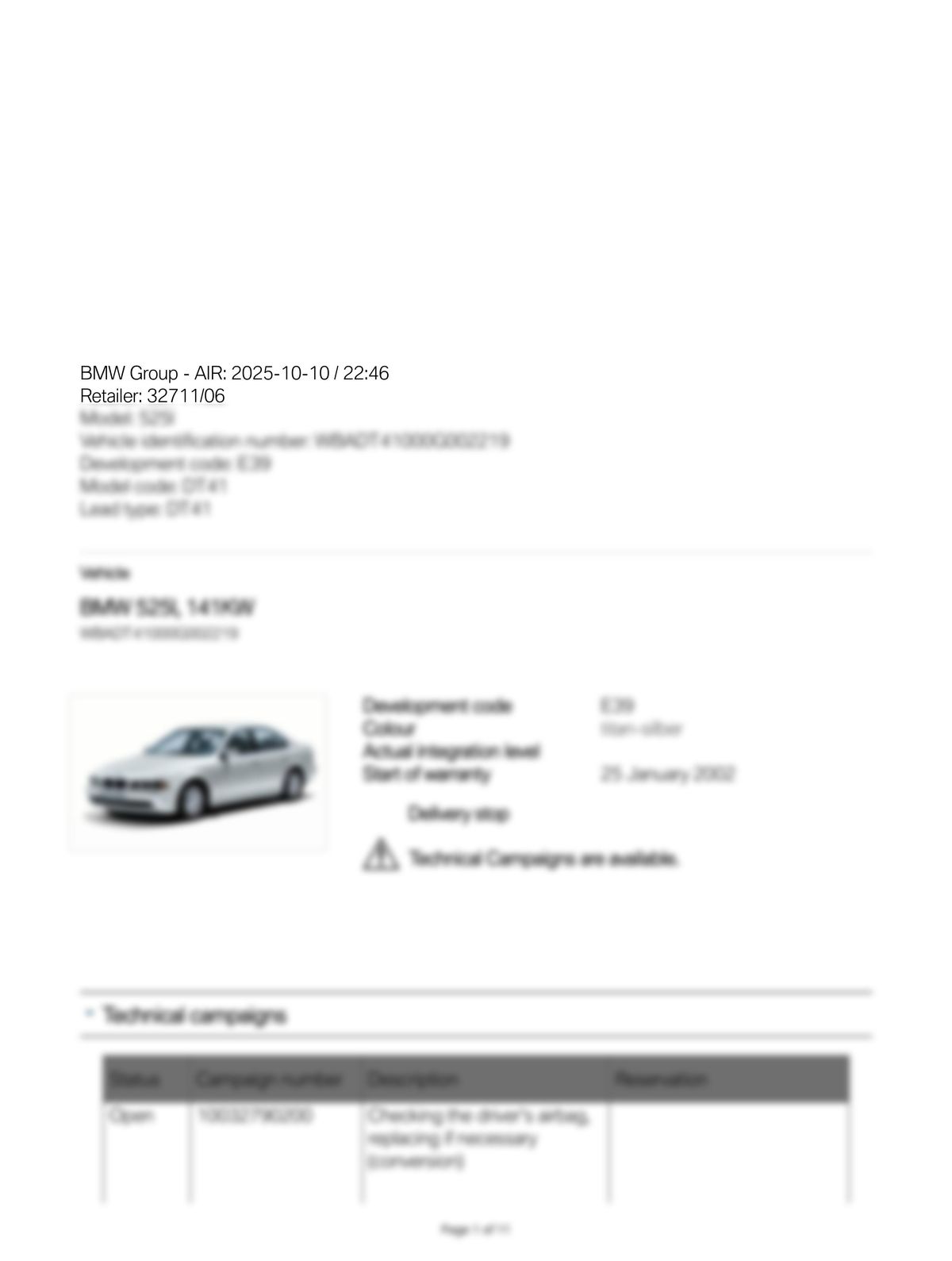 Service History Report VIN WBADT41000G002219