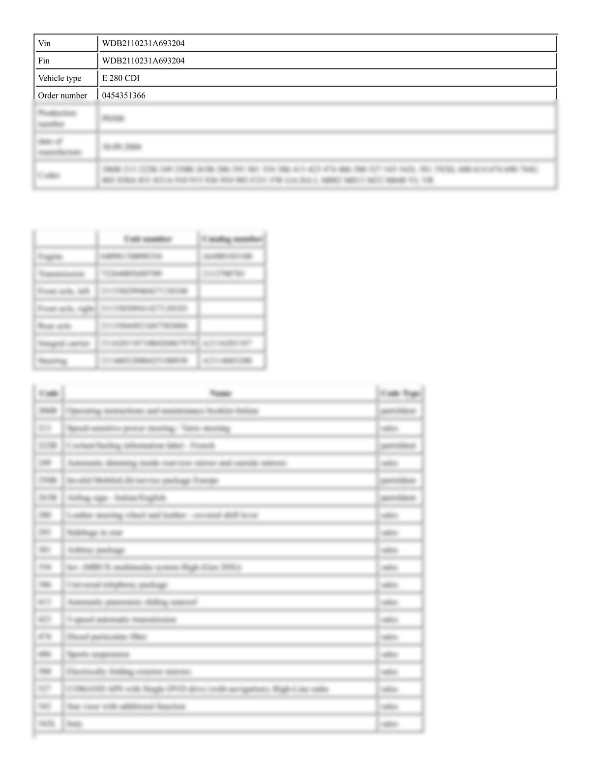Build Sheet VIN WDB2110231A693204
