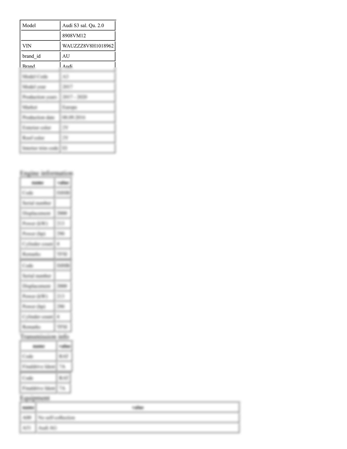 Build Sheet VIN WAUZZZ8V8H1018962