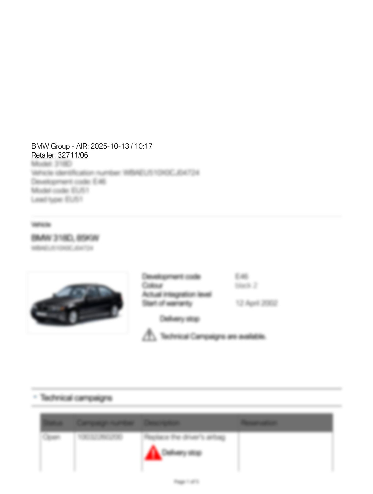 Service History Report VIN WBAEU510X0CJ04724