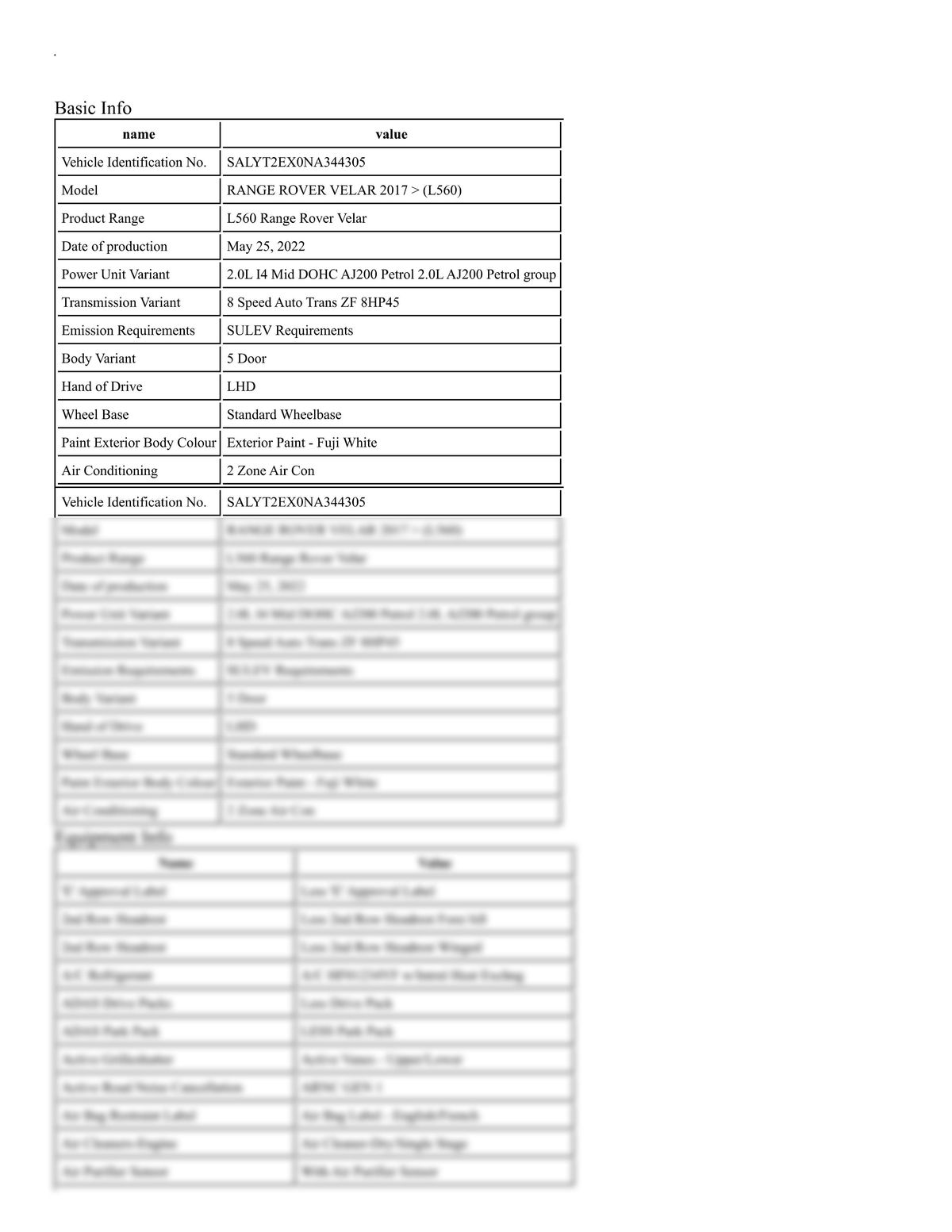 Build Sheet VIN SALYT2EX0NA344305