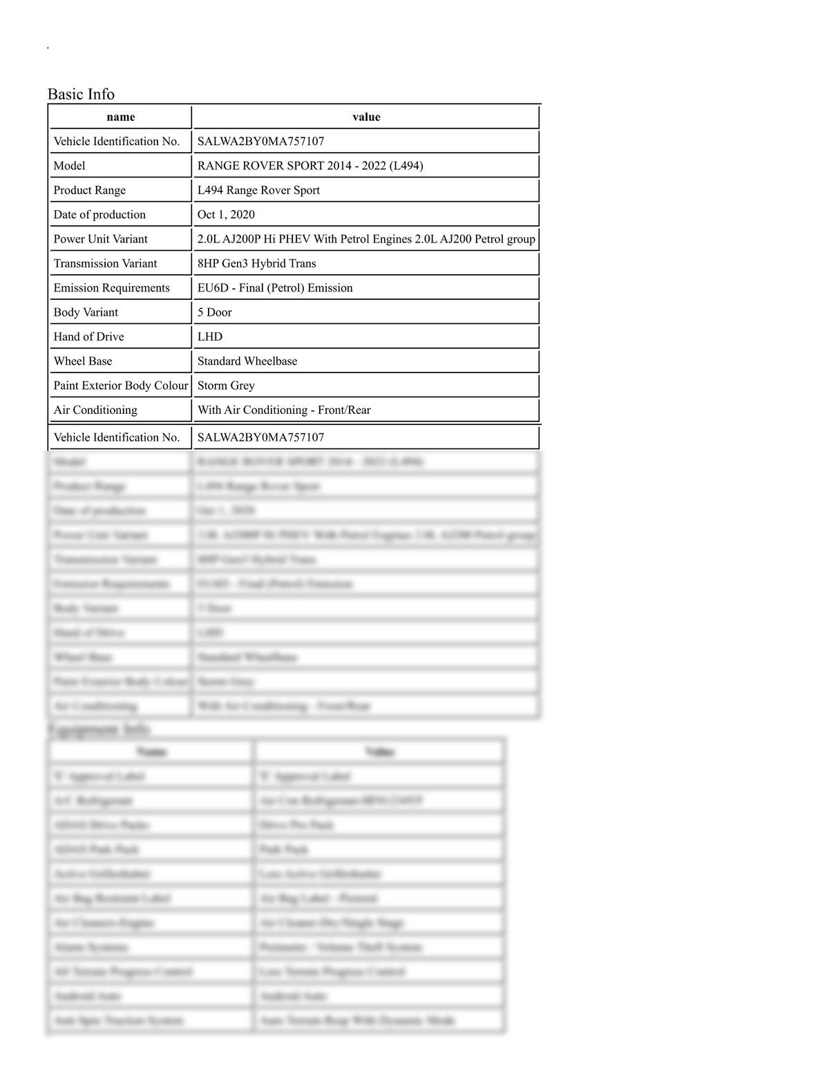 Build Sheet VIN SALWA2BY0MA757107
