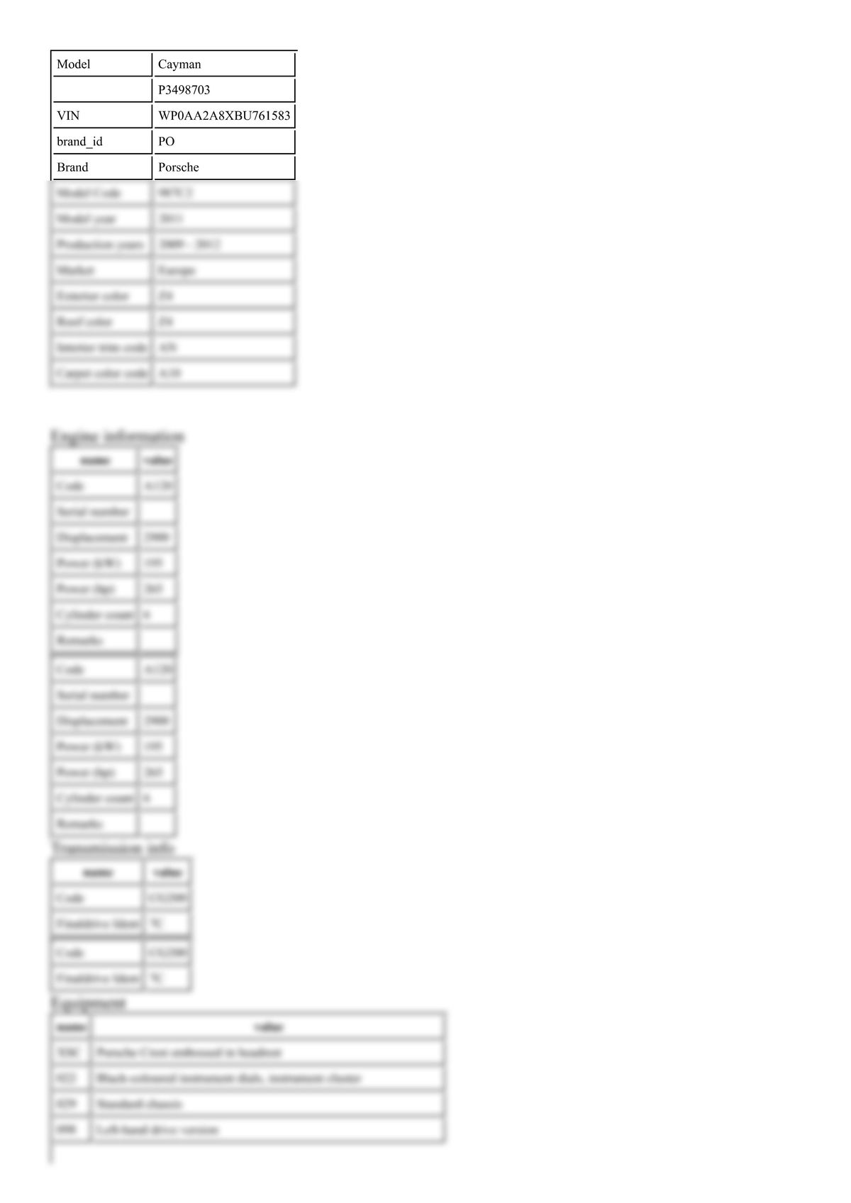 Build Sheet VIN WP0AA2A8XBU761583