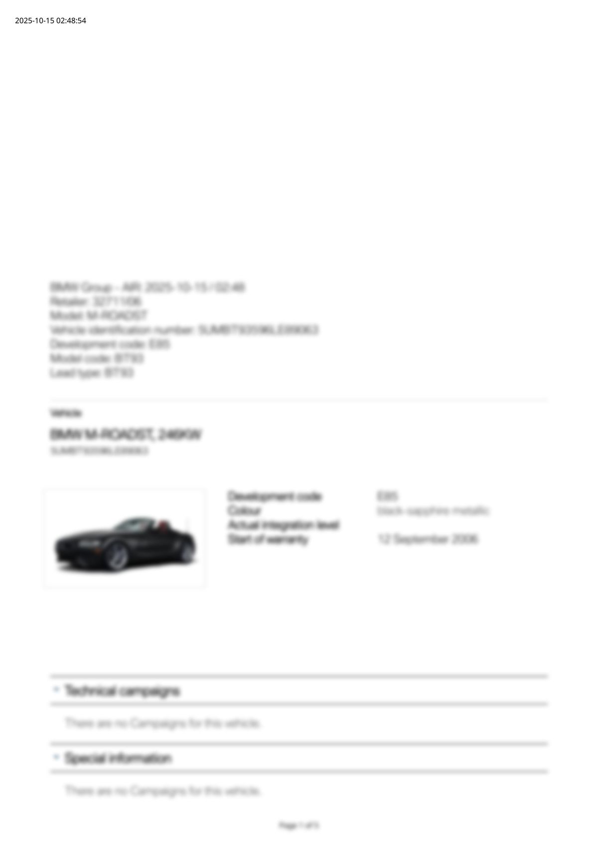 Service History Report VIN 5UMBT93596LE89063