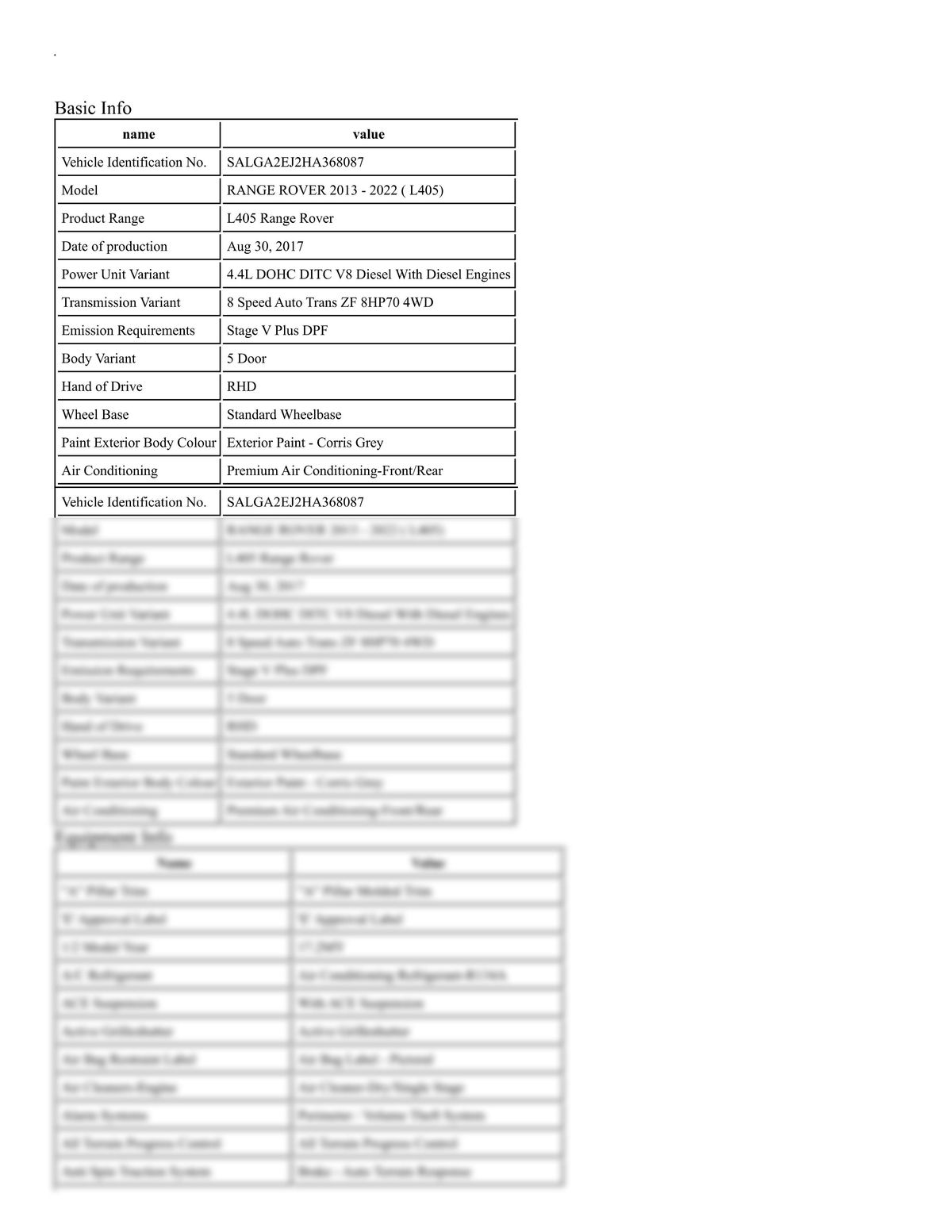 Build Sheet VIN SALGA2EJ2HA368087