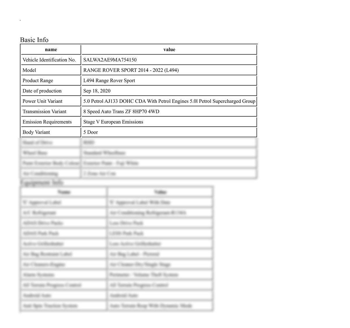 Build Sheet VIN SALWA2AE9MA754150
