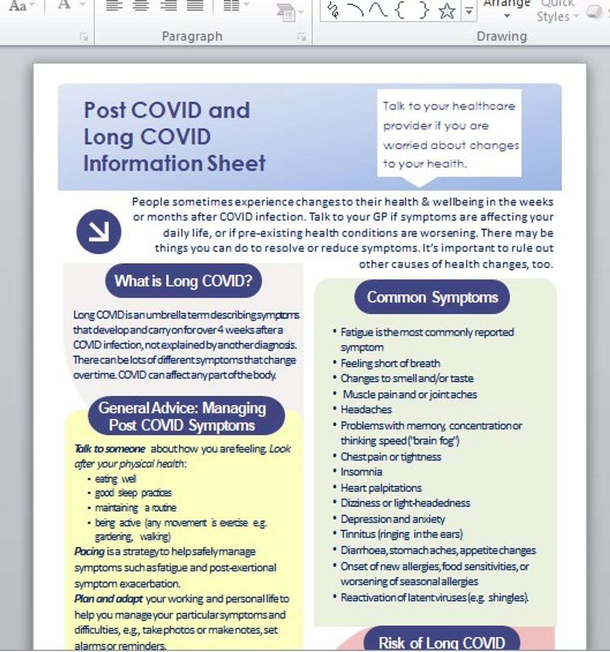 Health Promotion Poster: Long COVID Information Leaflet or Poster (print to A4 or A5)