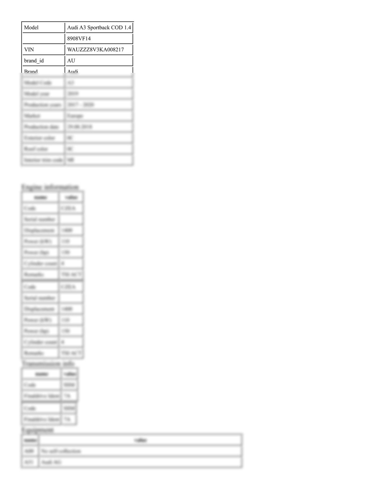 Build Sheet VIN WAUZZZ8V3KA008217