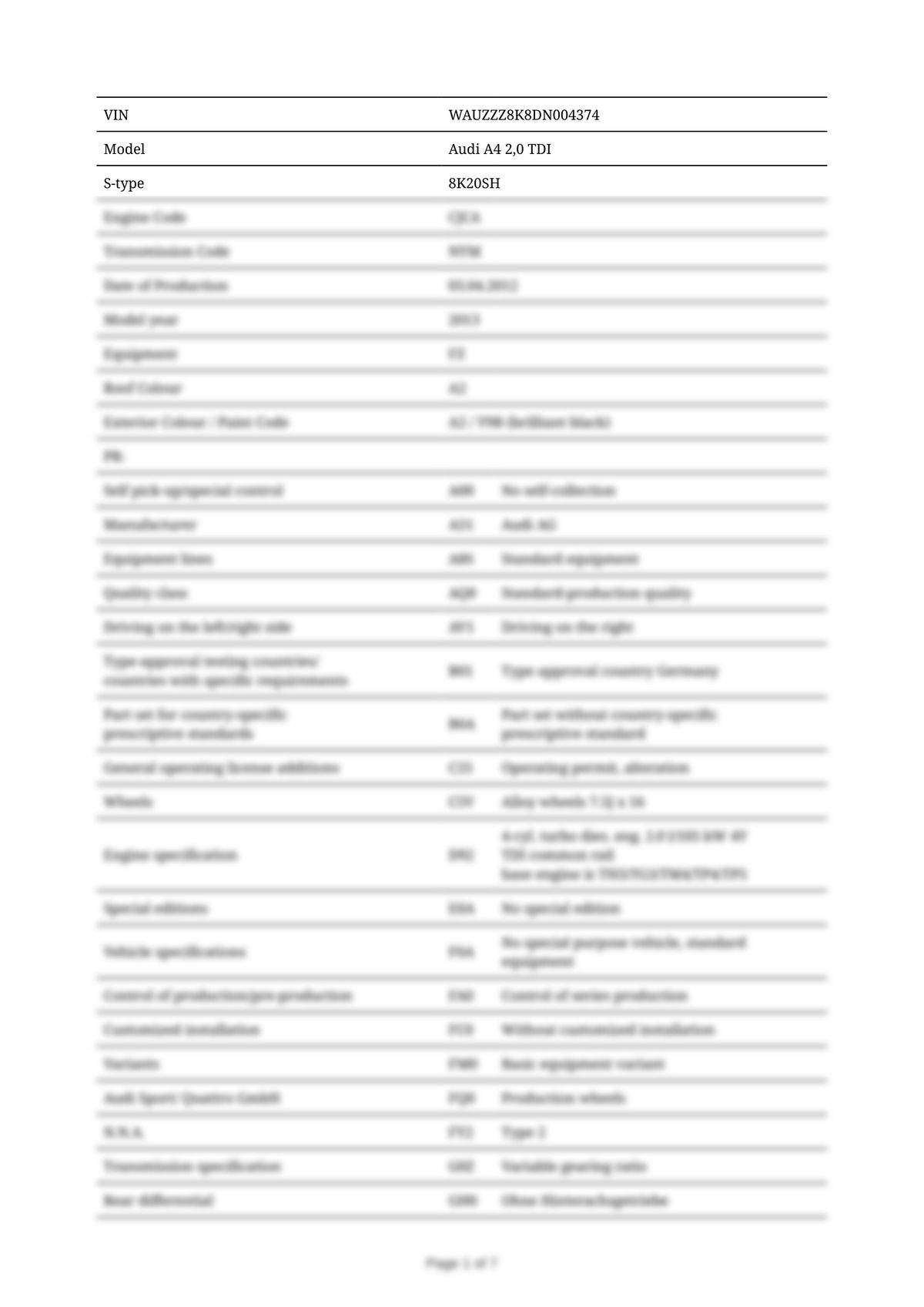 Build Sheet VIN WAUZZZ8K8DN004374