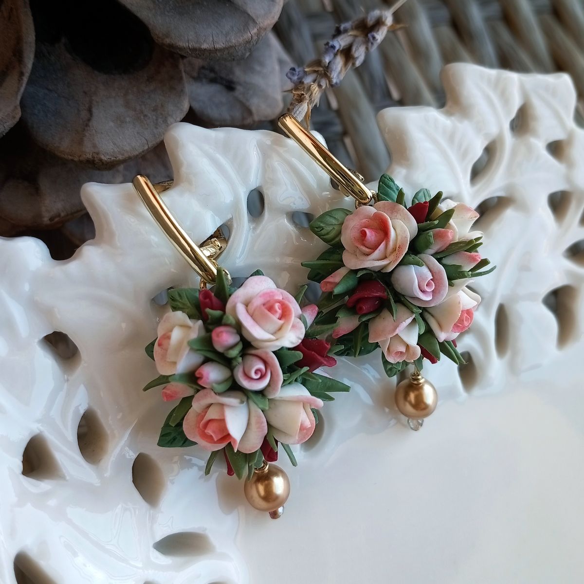 Handmade rose earrings with gold-plated findings and a Swarovski bead. Beautifully gift-wrapped and shipped worldwide for free