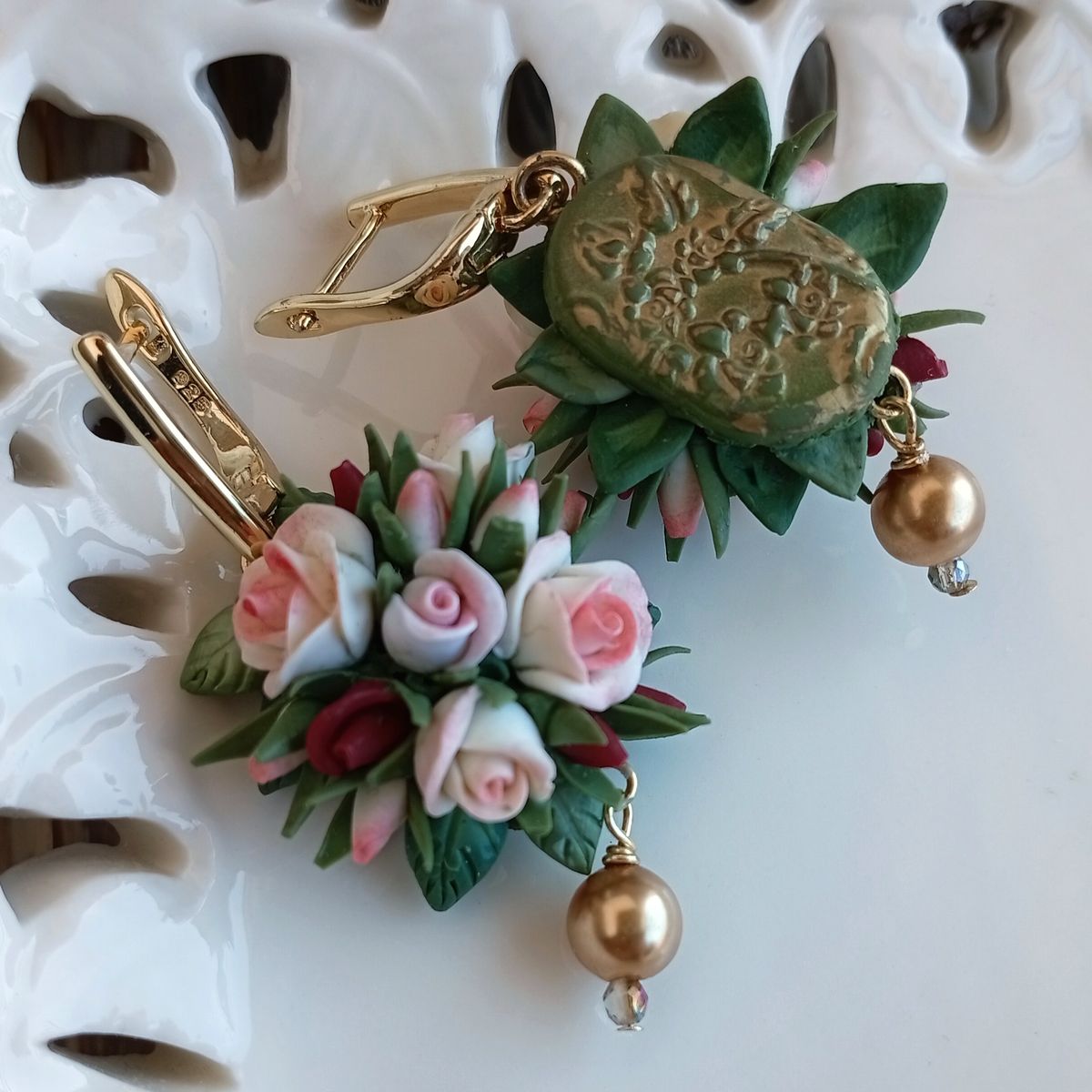 Handmade rose earrings with gold-plated findings and a Swarovski bead. Beautifully gift-wrapped and shipped worldwide for free