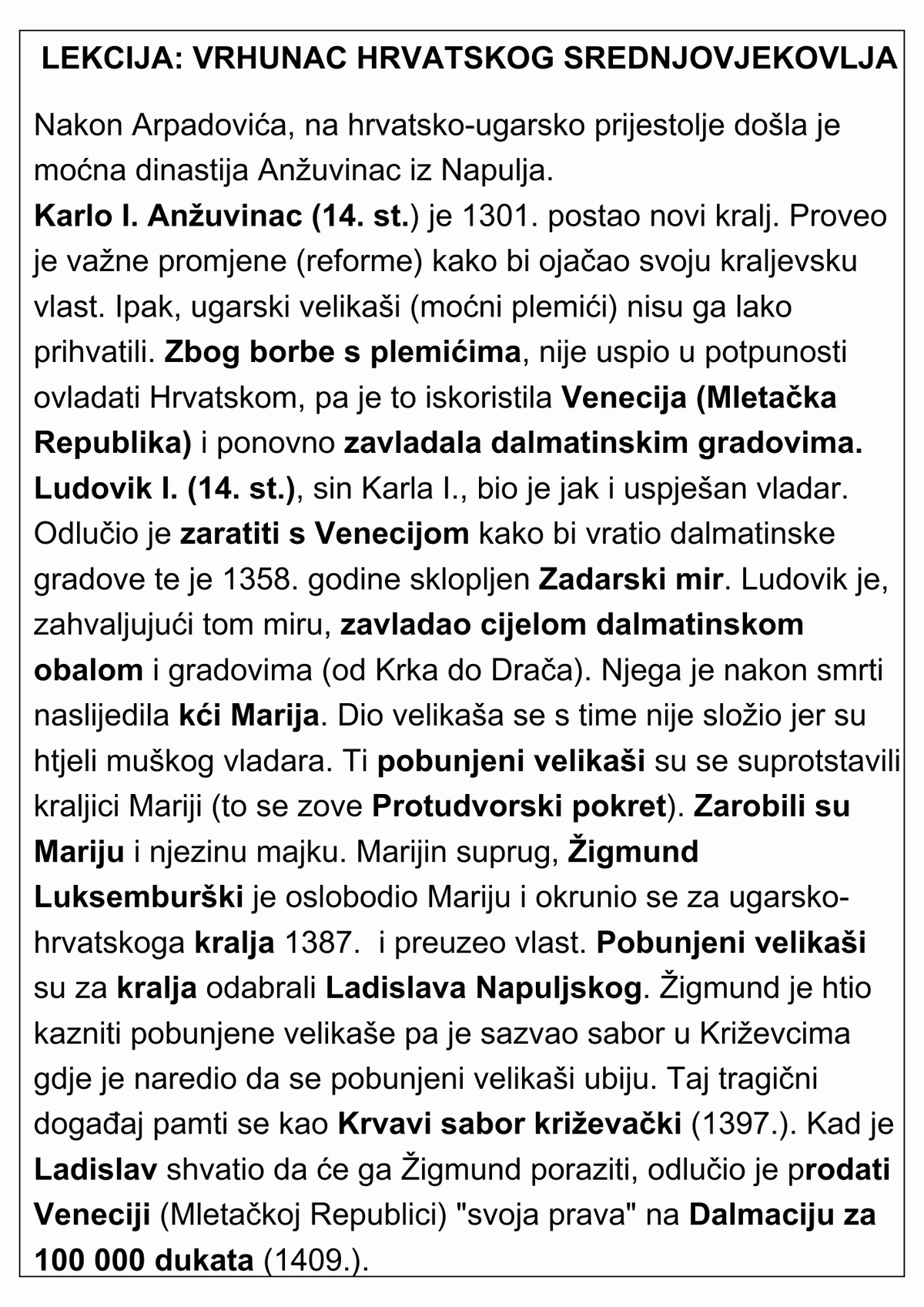 Set nastavnih listića Hrvatska u srednjem vijeku s prilagodbom sadržaja.