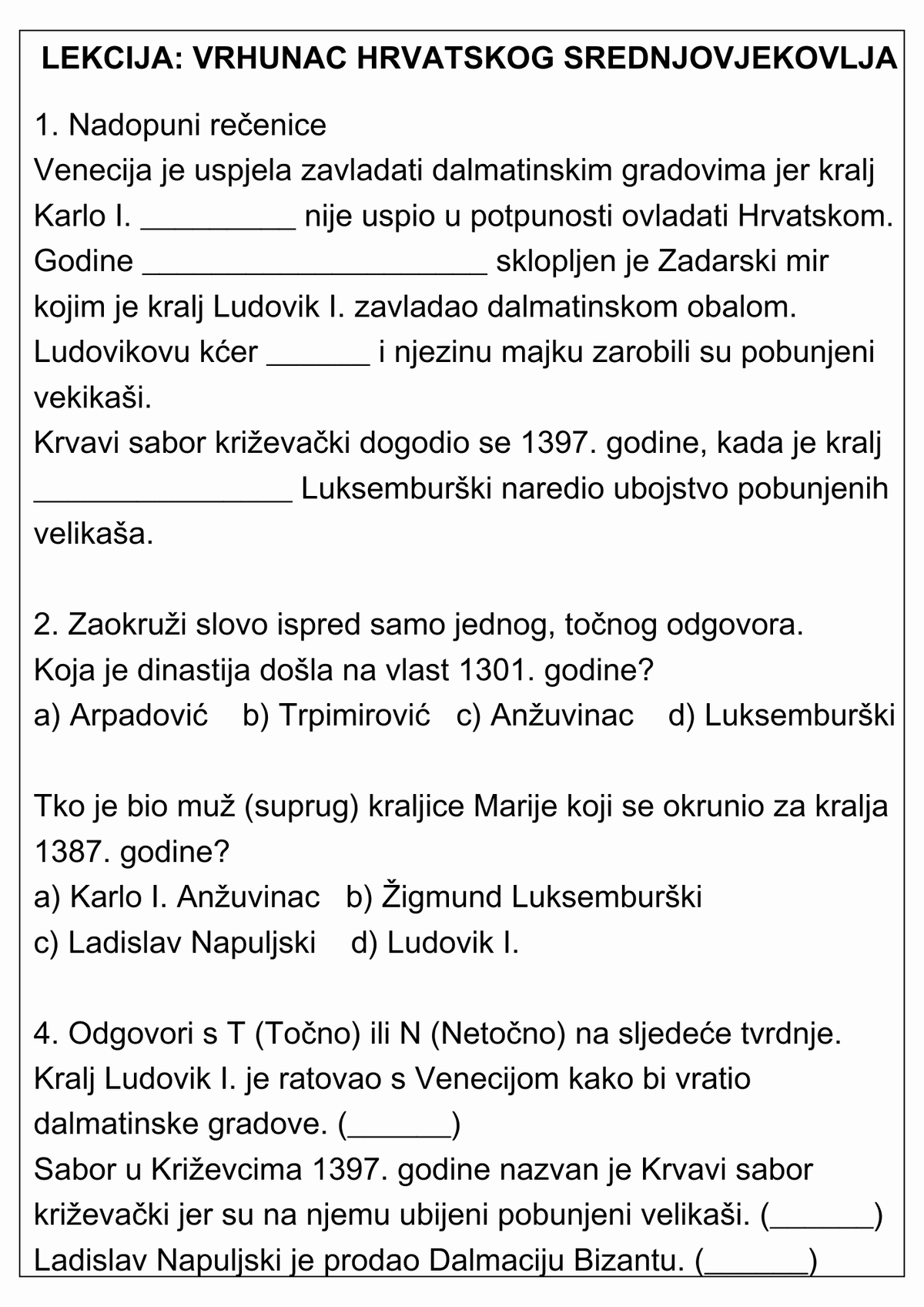 Set nastavnih listića Hrvatska u srednjem vijeku s prilagodbom sadržaja.