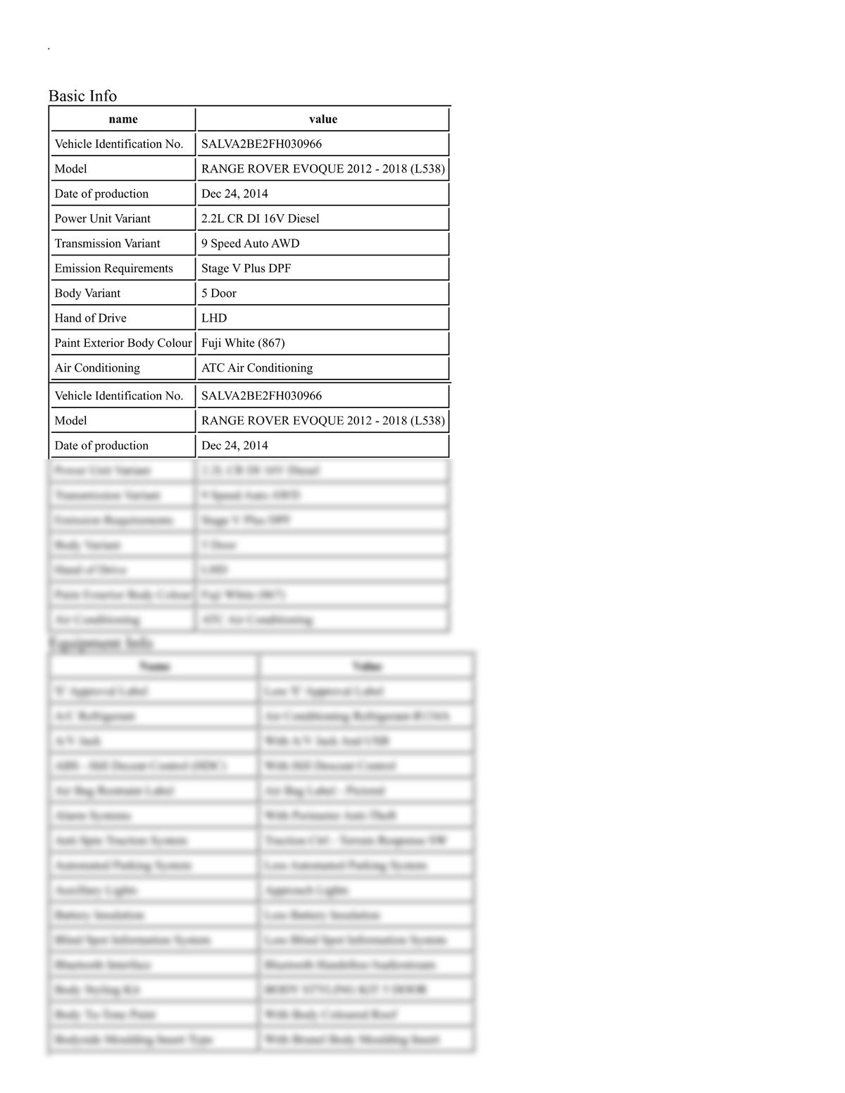 Build Sheet VIN SALVA2BE2FH030966