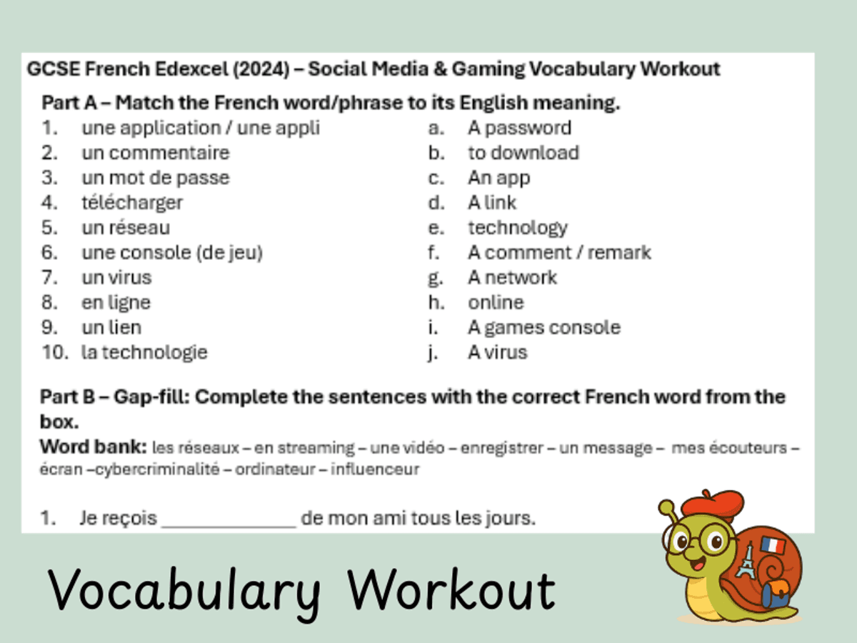 KS4 French GCSE (2024) Edexcel Vocabulary Workout Social Media and Gaming