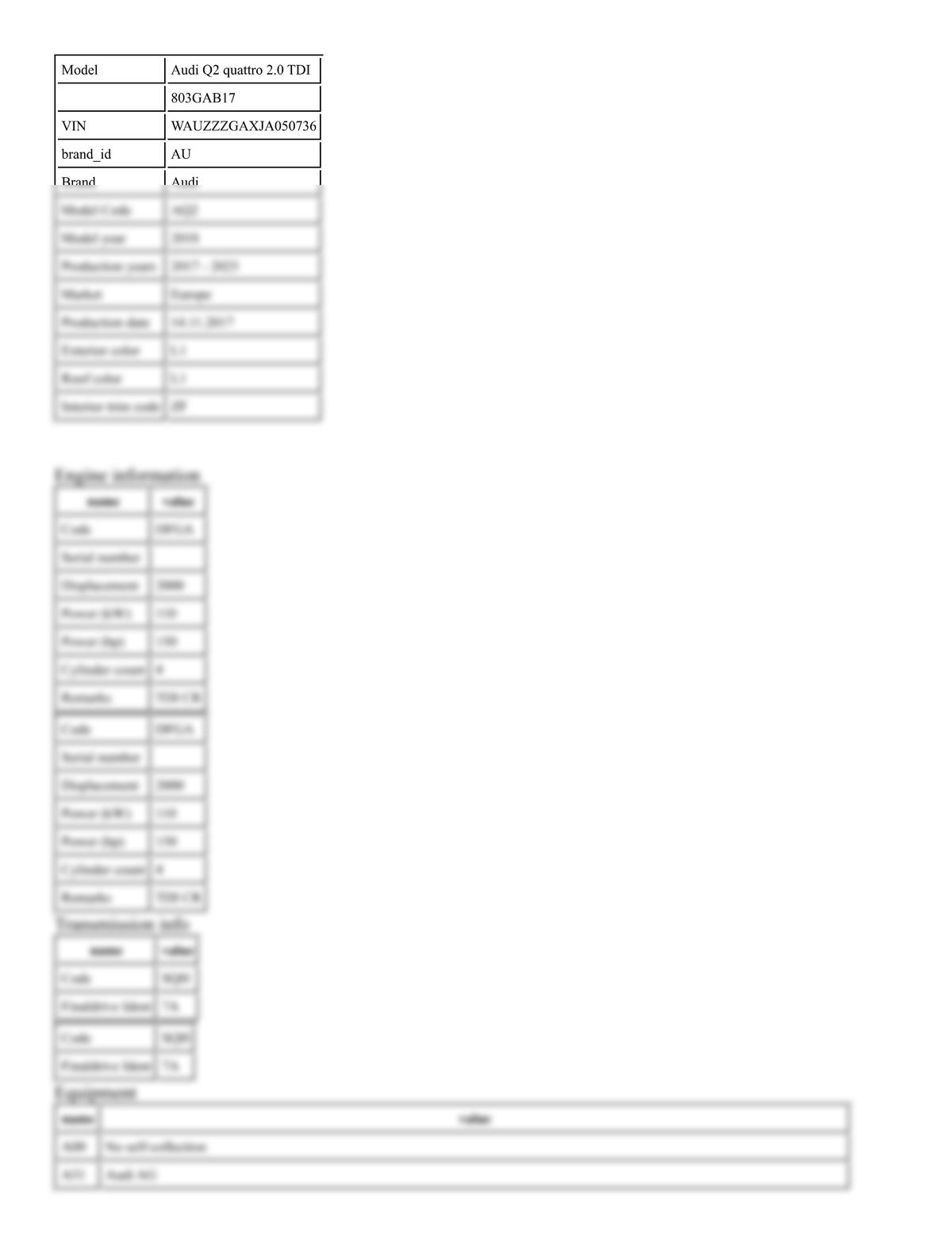 Build Sheet VIN WAUZZZGAXJA050736