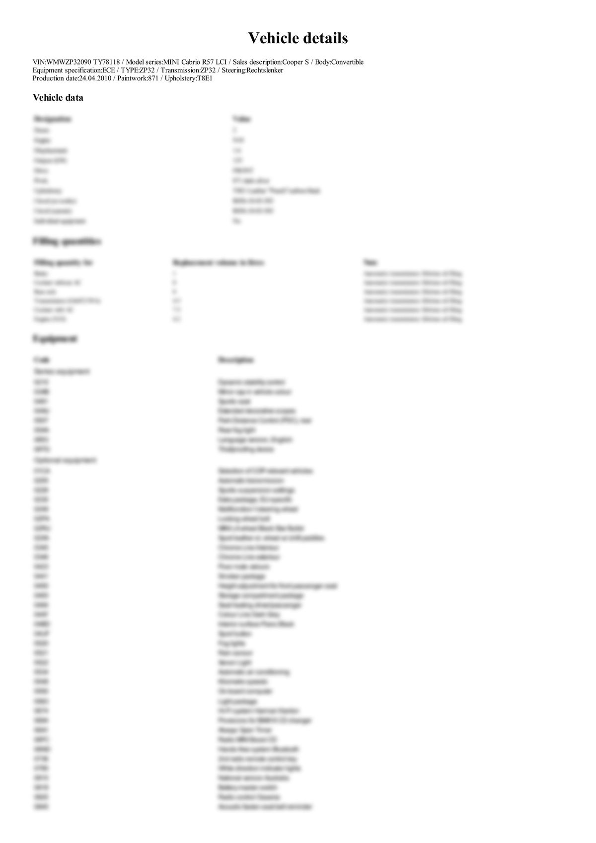 Build Sheet VIN WMWZP32090TY78118