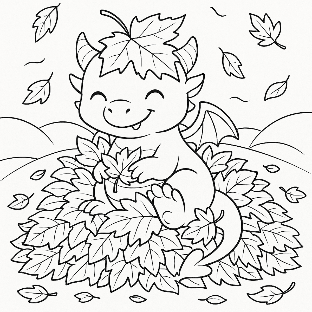 🍁 Free Coloring Page – Ember’s Autumn Leaf Pile!