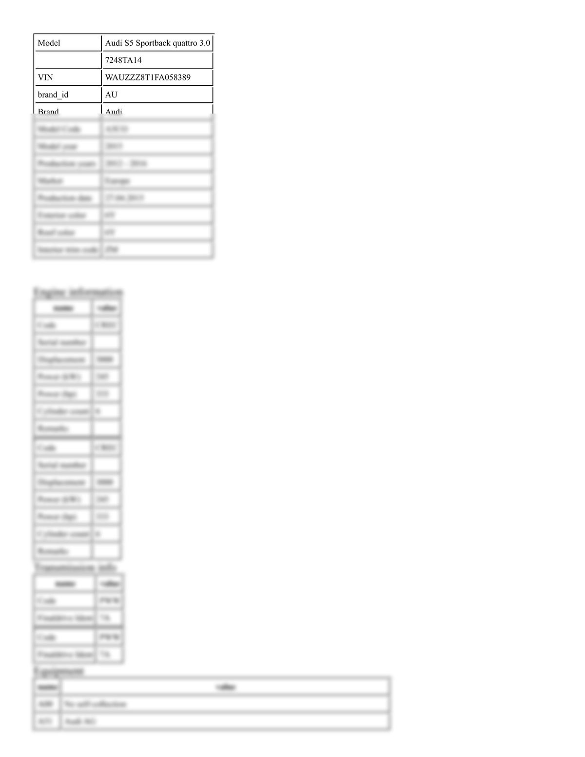 Build Sheet VIN WAUZZZ8T1FA058389
