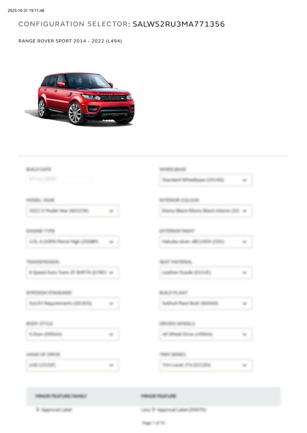 Build Sheet VIN SALWS2RU3MA771356