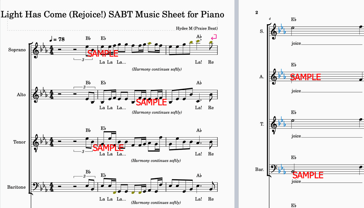 ✨ 🌟 Light Has Come (Rejoice!) — TEN (10) COPY LICENSE  Choral SABT + Piano Score PDF  +  Individual Soprano/Alto/Tenor/Bass Parts + Practice Track MP3 + Lyrics PDF 🎶 Hydee M (Praise Beat)