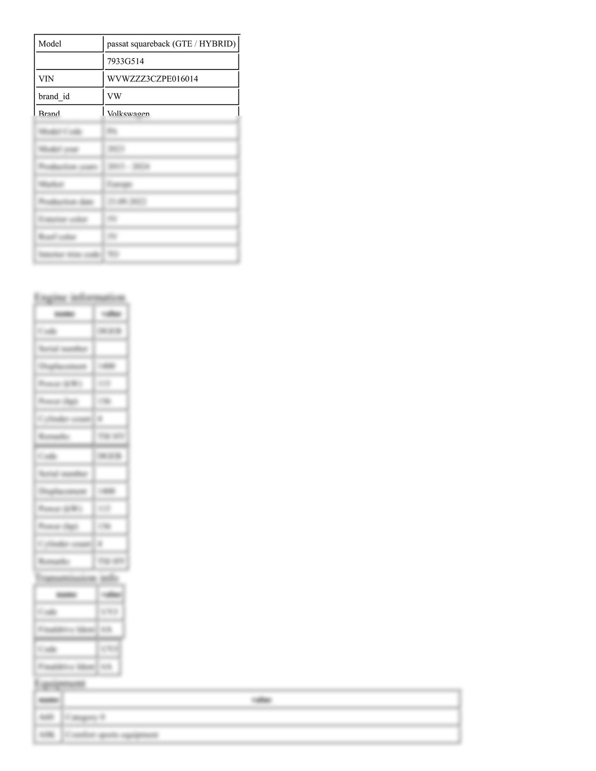 Build Sheet VIN WVWZZZ3CZPE016014