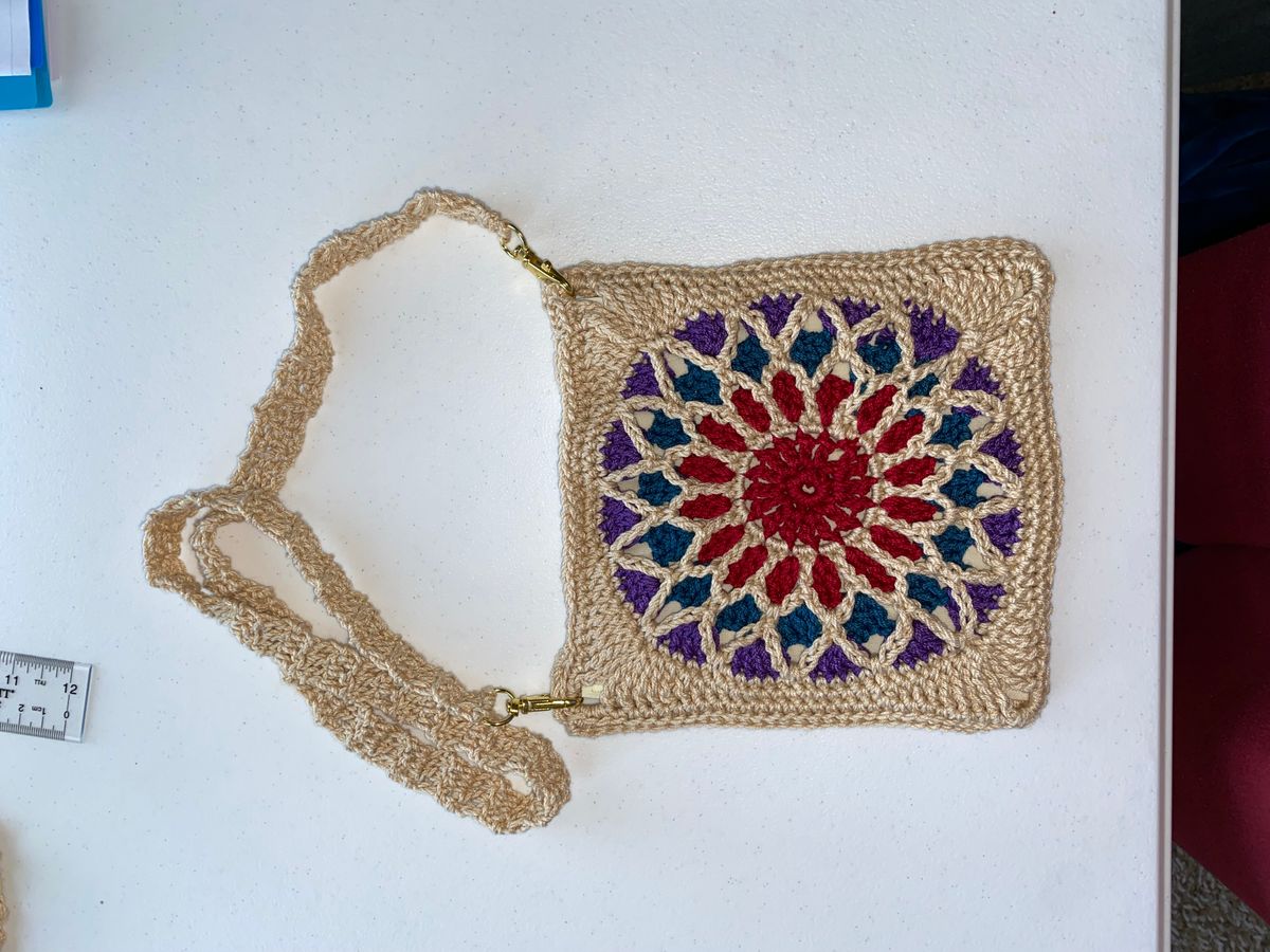 Handmade Bag - Multicolor and Tan Stained Glass Design with Detachable Strap