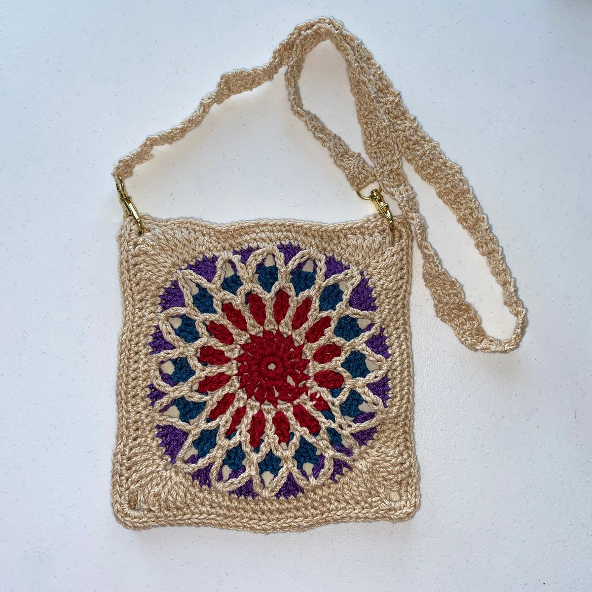 Handmade Bag - Multicolor and Tan Stained Glass Design with Detachable Strap