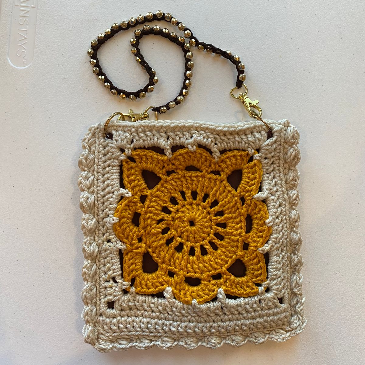 Handmade Bag - Yellow and Cream Willow Square with Detachable Beaded Strap