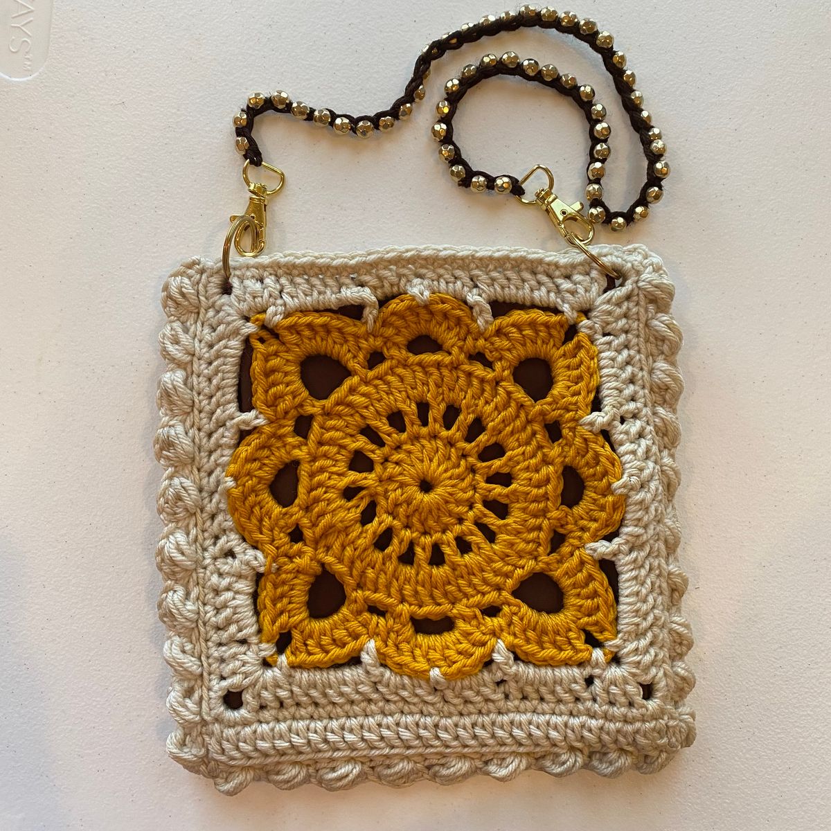 Handmade Bag - Yellow and Cream Willow Square with Detachable Beaded Strap