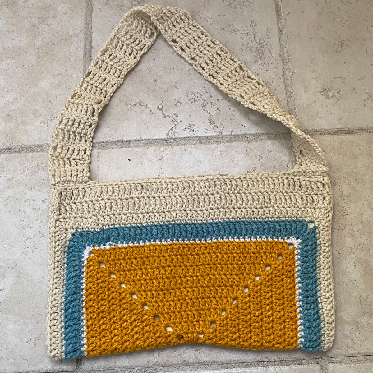 Handmade Bag - Blue Yellow and Cream Solid Rectangle with Attached Strap
