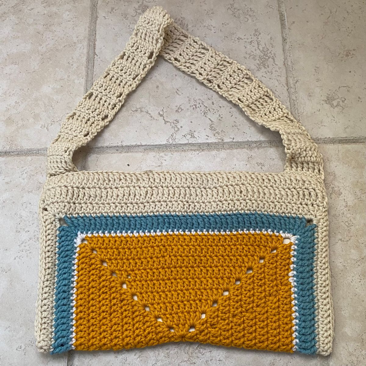 Handmade Bag - Blue Yellow and Cream Solid Rectangle with Attached Strap