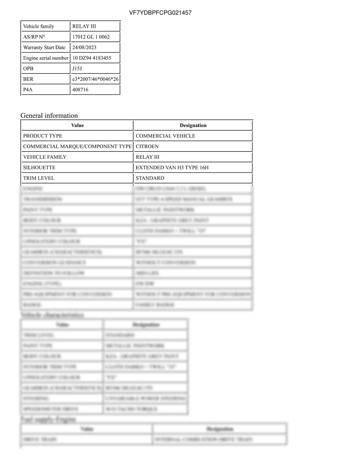 Build Sheet VIN VF7YDBPFCPG021457