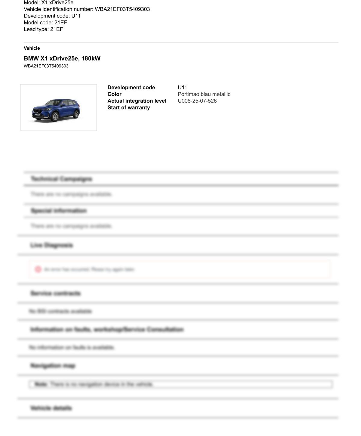 Service History Report VIN WBA21EF03T5409303