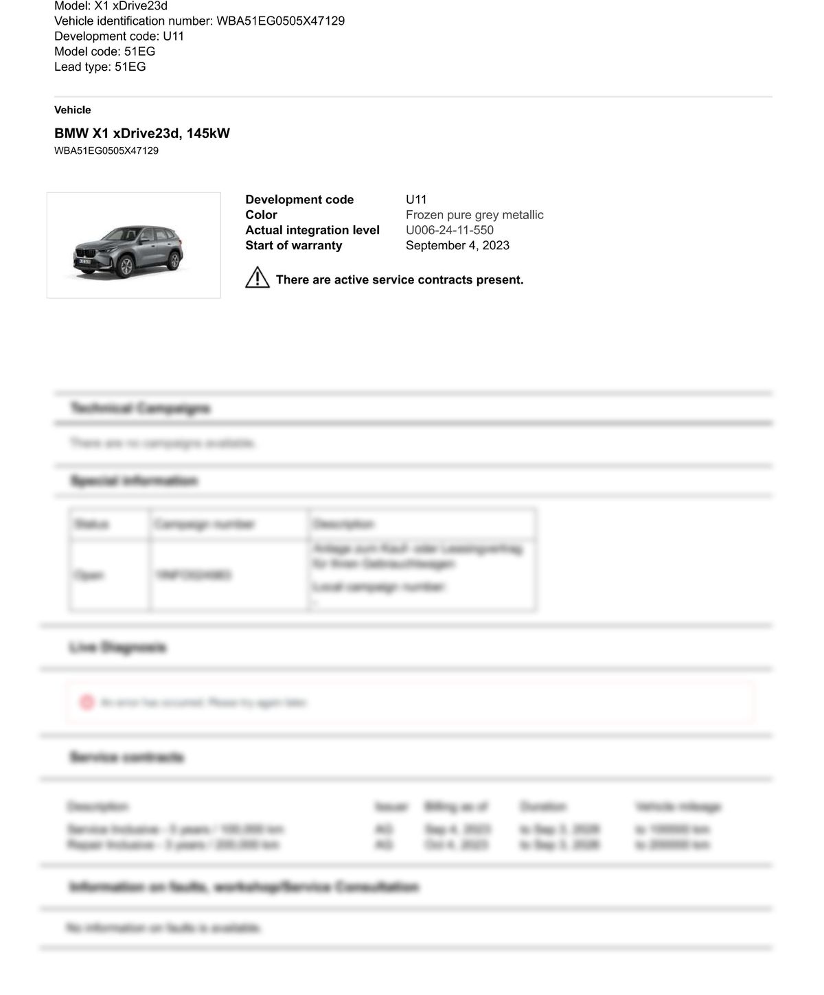 Service History Report VIN WBA51EG0505X47129