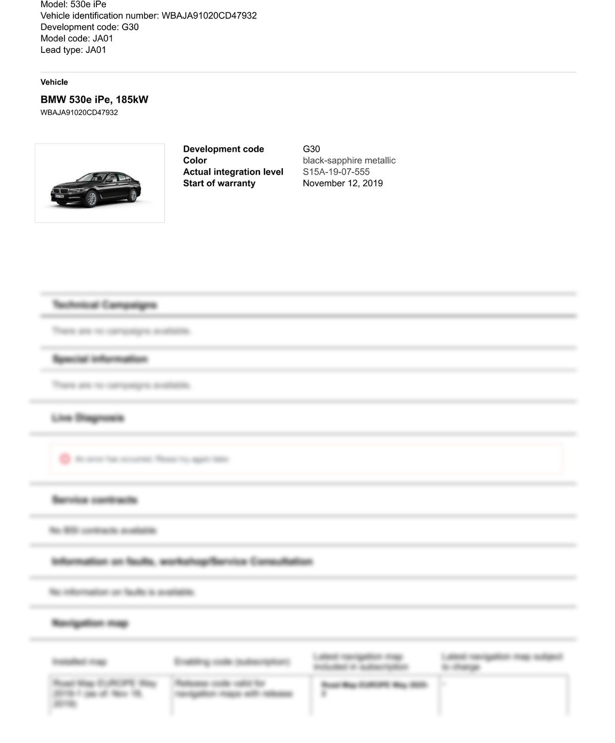 Service History Report VIN WBAJA91020CD47932