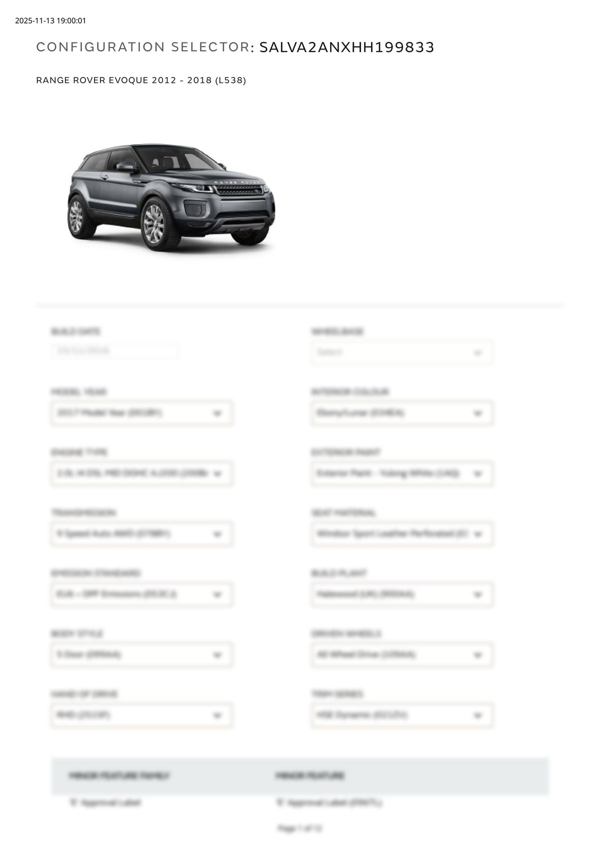 Build Sheet VIN SALVA2ANXHH199833