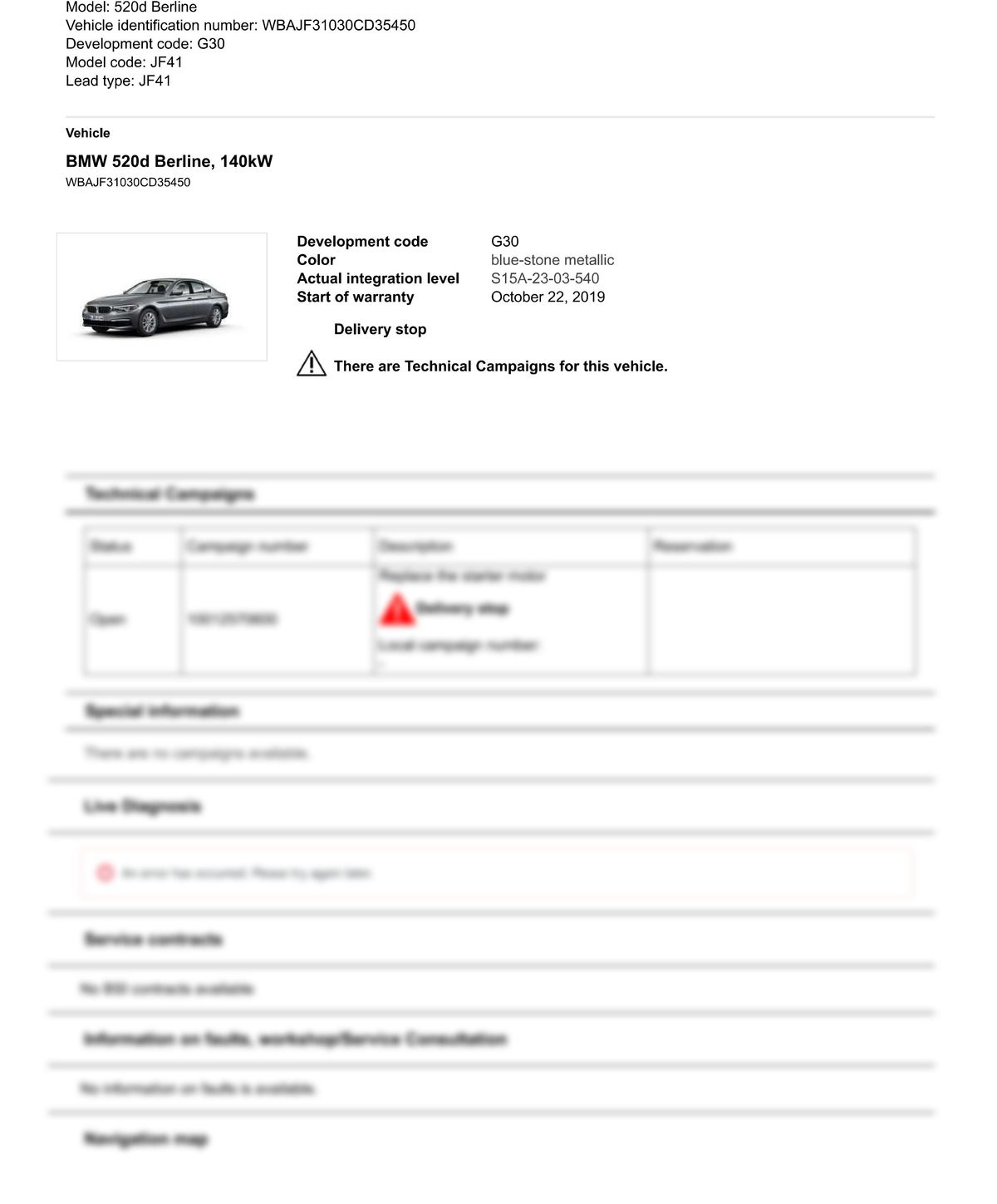 Service History Report VIN WBAJF31030CD35450