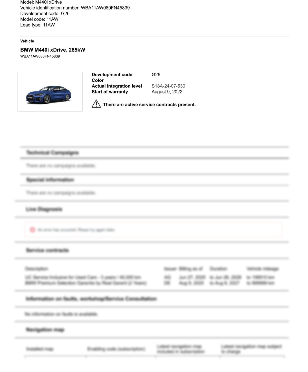 Service History Report VIN WBA11AW080FN45839