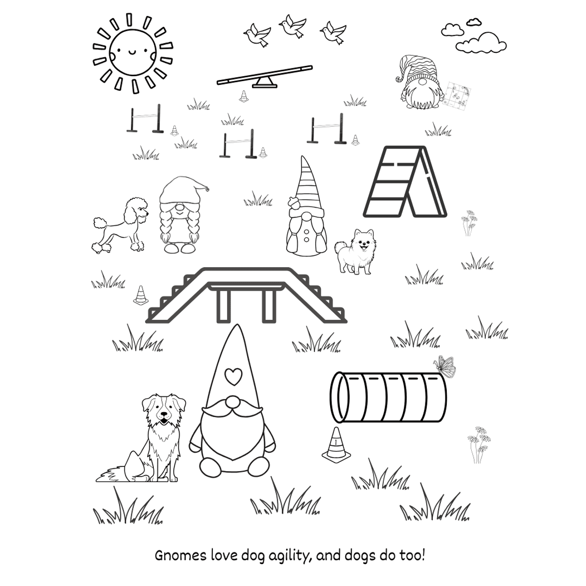 Dog Agility Gnomes Coloring Page