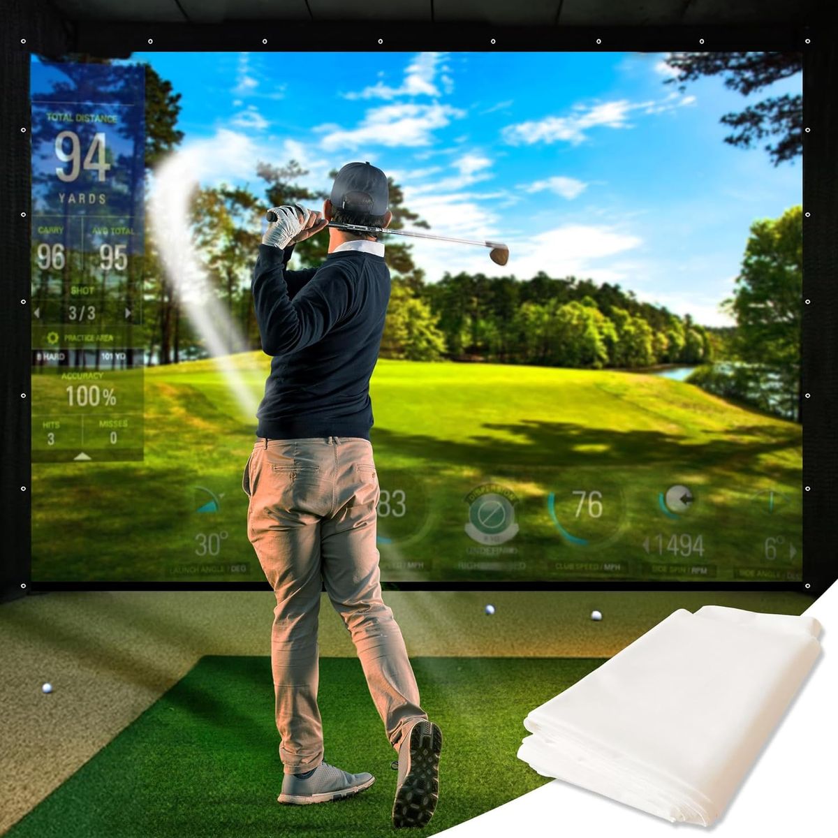 Impact sports Golf Simulator Impact Screen 9'10'' x 9'10'' - White Golf Impact Screen – Woven Mesh Golf Simulators for Home w/Double Grommets – Golf Hitting Net for Training w/Reinforced Black Borders